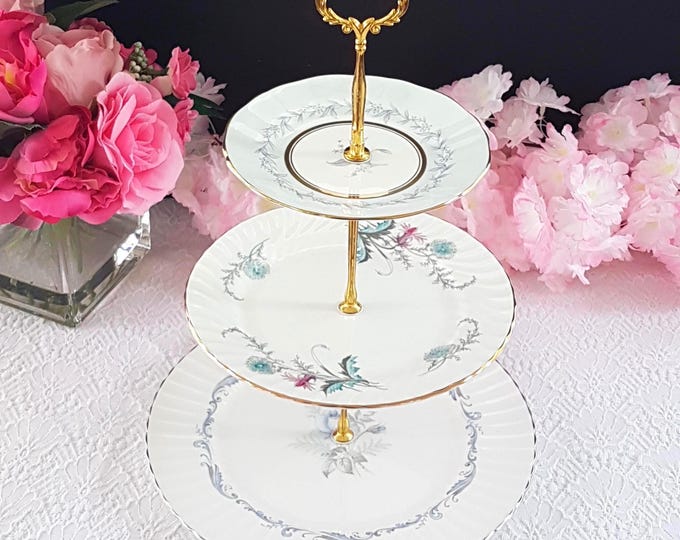 Handmade 3 Tier Mismatched Bone China Cake Stand Unique Serving Tray for Tea Parties, Gifts & Serving Treats