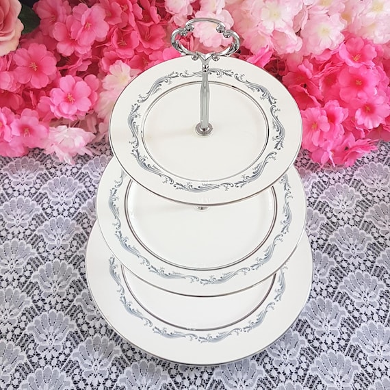 Elegant Gray & Silver 3-Tier Cake Stand - Handmade Aynsley Bone China Dessert Serving Tray