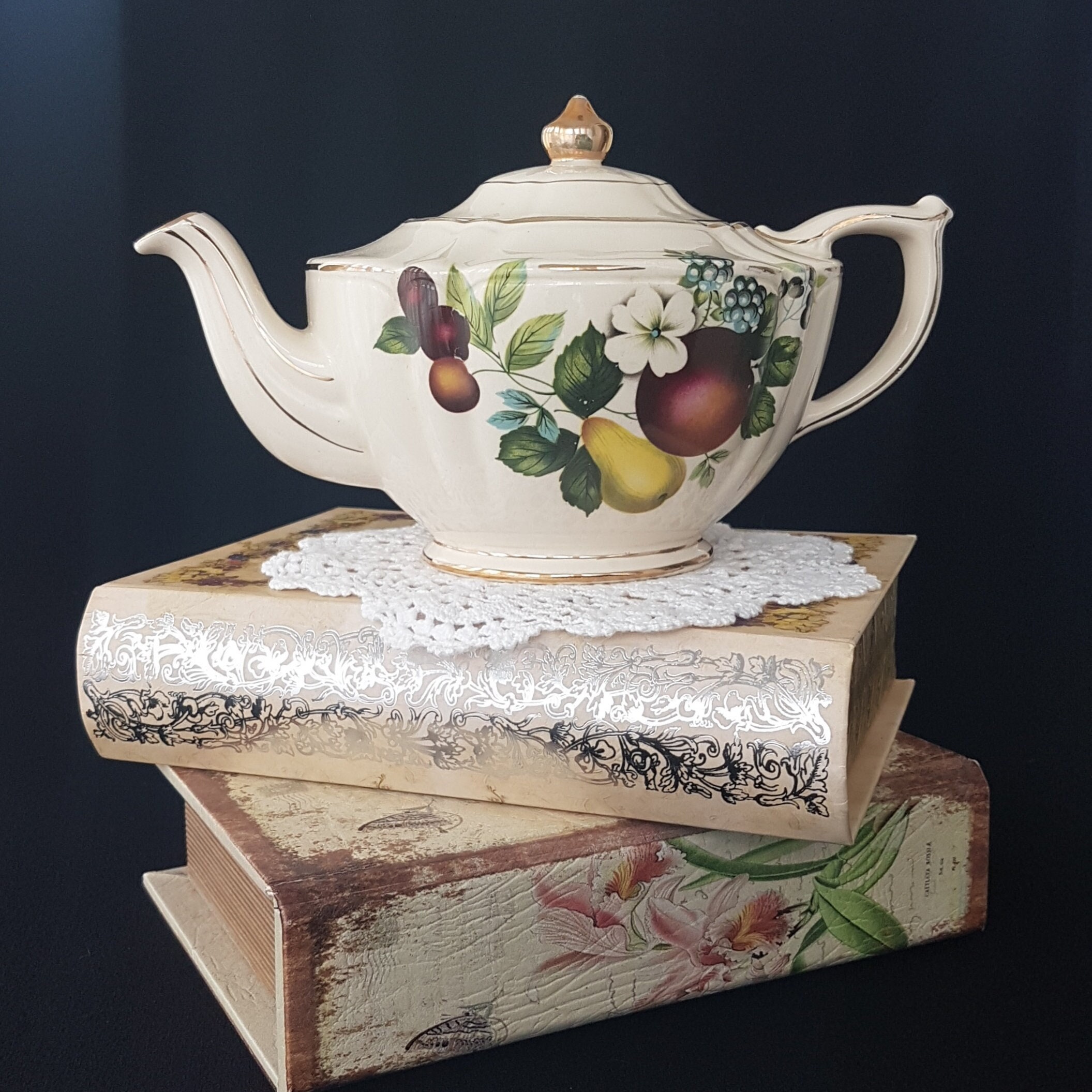 Vintage James Sadler Teapot, Fruit Flowers on Cream Off Vintage James Sadler Teapot, Fruit Flowers on Cream Off