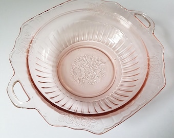 1930s Pink Mayfair Open Rose Handled Vegetable Serving Bowl, Anchor Hocking Pink Depression Glassware