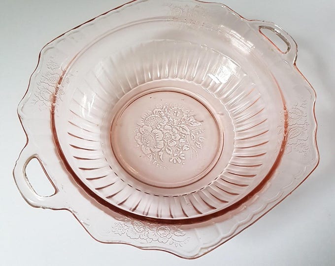 1930s Pink Mayfair Open Rose Handled Vegetable Serving Bowl, Anchor Hocking Pink Depression Glassware