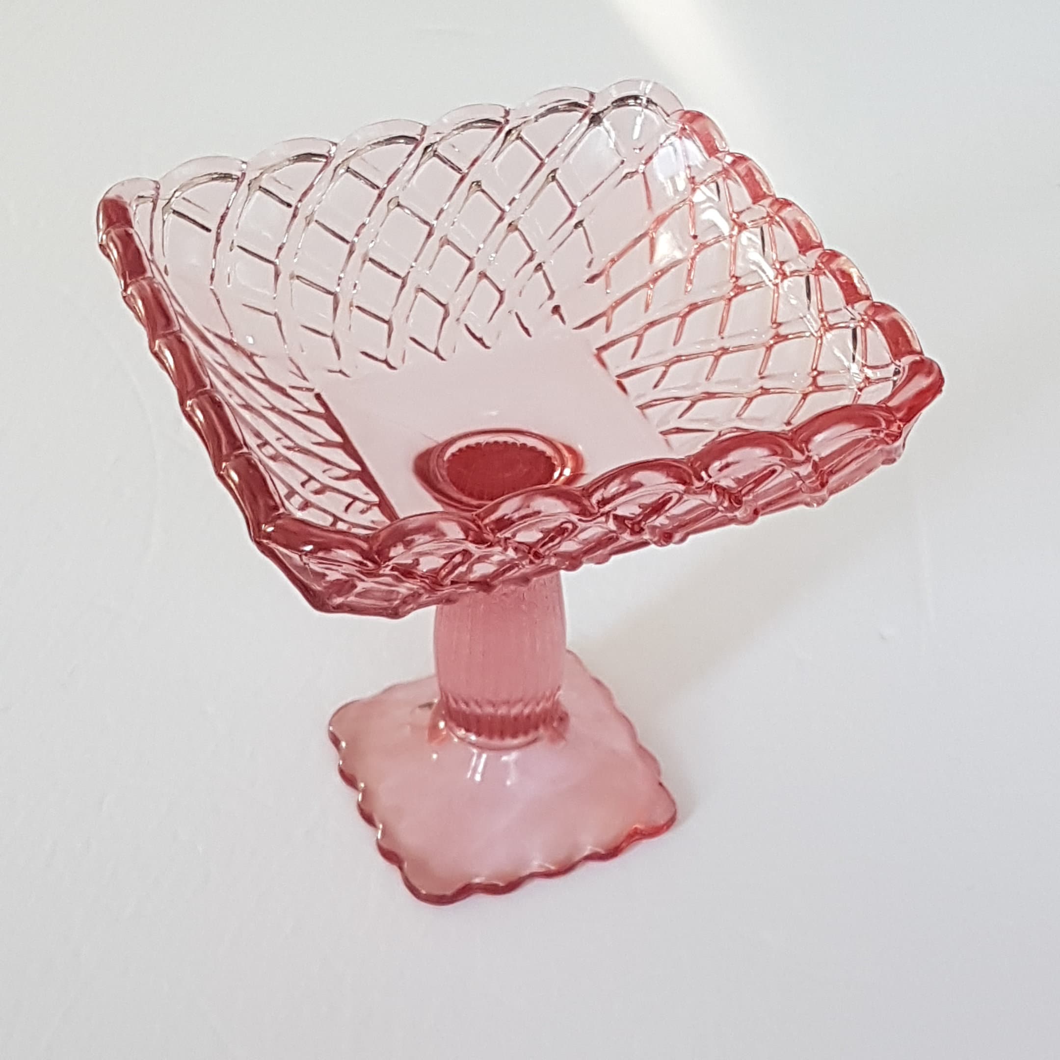 Vintage Pink Trellis Glass Pedestal Compote Dish, L.E. Smith 6 Square