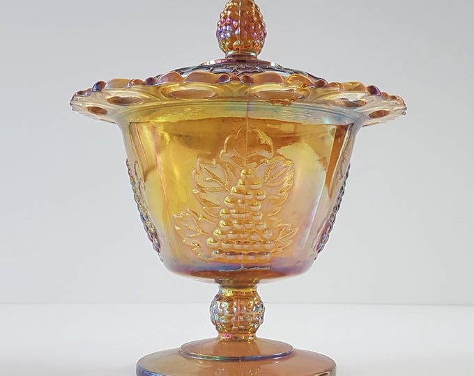 Vintage Marigold Lace Edge Harvest Grape Glass Candy Dish with Lid