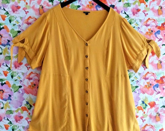 Plus Size Casual Fit & Flare Rayon Slub Button-Up Tied Short Sleeve Shirt 3XL