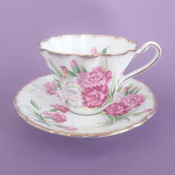 Royal Stafford "Carnation" Vintage English Bone China Teacup & Saucer Set