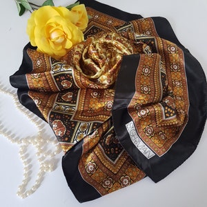 Square Head Scarf, Neckerchief, St Germain, Geometric Florals, Black Brown Orange Rust Yellow, Vintage Scarf, Womens Fashion Accessory