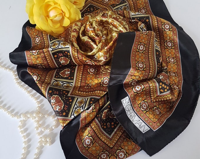 Square Head Scarf, Neckerchief, St Germain, Geometric Florals, Black Brown Orange Rust Yellow, Vintage Scarf, Womens Fashion Accessory