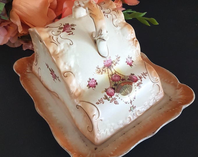 Vintage Crown Devon Fielding Cheese Keeper: Hand-Painted Pink Rose Swags, Victorian Edwardian Tableware