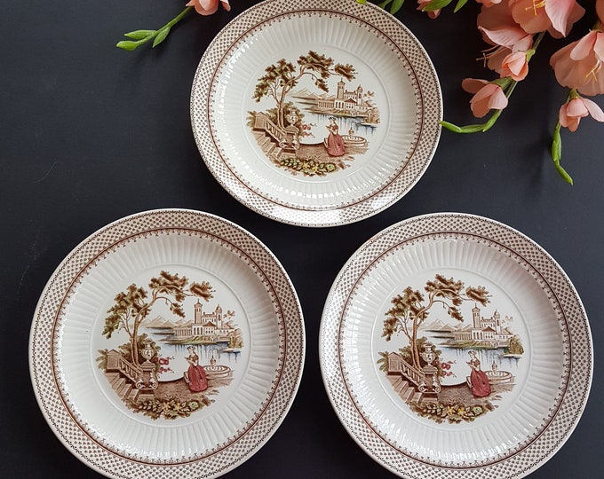 Set of 3 William Adams & Sons ANTOINETTE Ironstone Salad Plates, Brown Transferware,  Made in England, 1950s