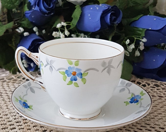 Tea Cup and Saucer, Vintage Royal Adderley, Hand Painted, Blue Flowers, Made in England