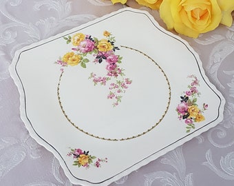 Myott ROSITA 10.25 Inch Square Handled Cake Plate, Pattern 3495, Yellow Pink Rose, Embossed Edge, Vintage Myott Dinnerware, England, 1940s