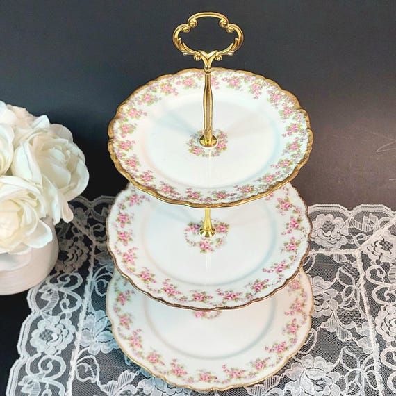 Mismatched Vintage Limoges 3 Tier Cake Stand Handcrafted Pink Floral French Porcelain Tray