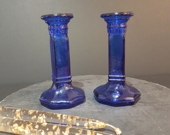 Cobalt Blue Glass Candle Holders, Blue Decor, Glass Taper Candlesticks, Housewarming Gift Idea