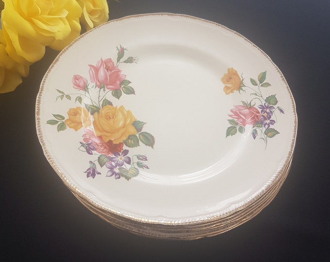 Ridgway CHATEAU ROSE Dinner Plates, Sets of 2, Yellow Pink Roses, Made in England, 1950s