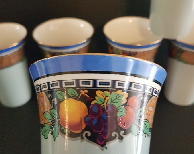 Vintage ARDEN Winton Ware Grimwades Porcelain Tumbler, Set of 6, Blue with Fruit Motif, Oranges, Grapes, Peaches, 1930s