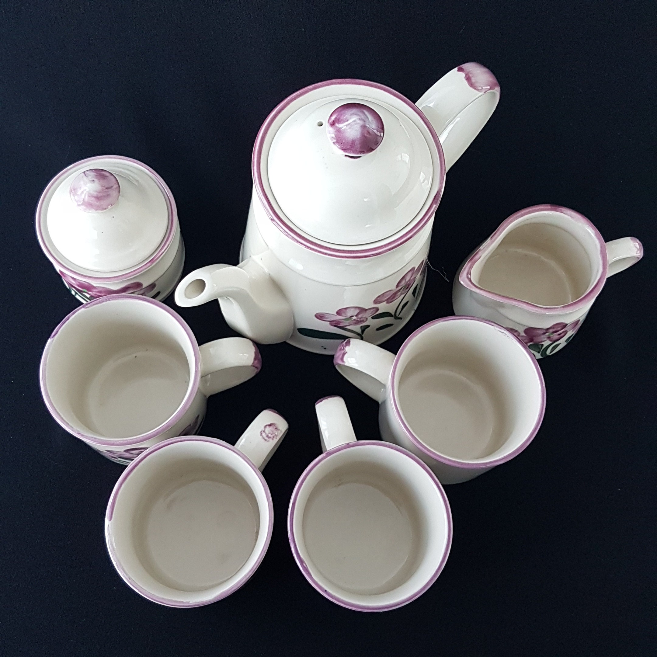 Retro Stoneware Tea Set for 4, Tea Pot Cream Sugar and 4 Mugs, Vintage