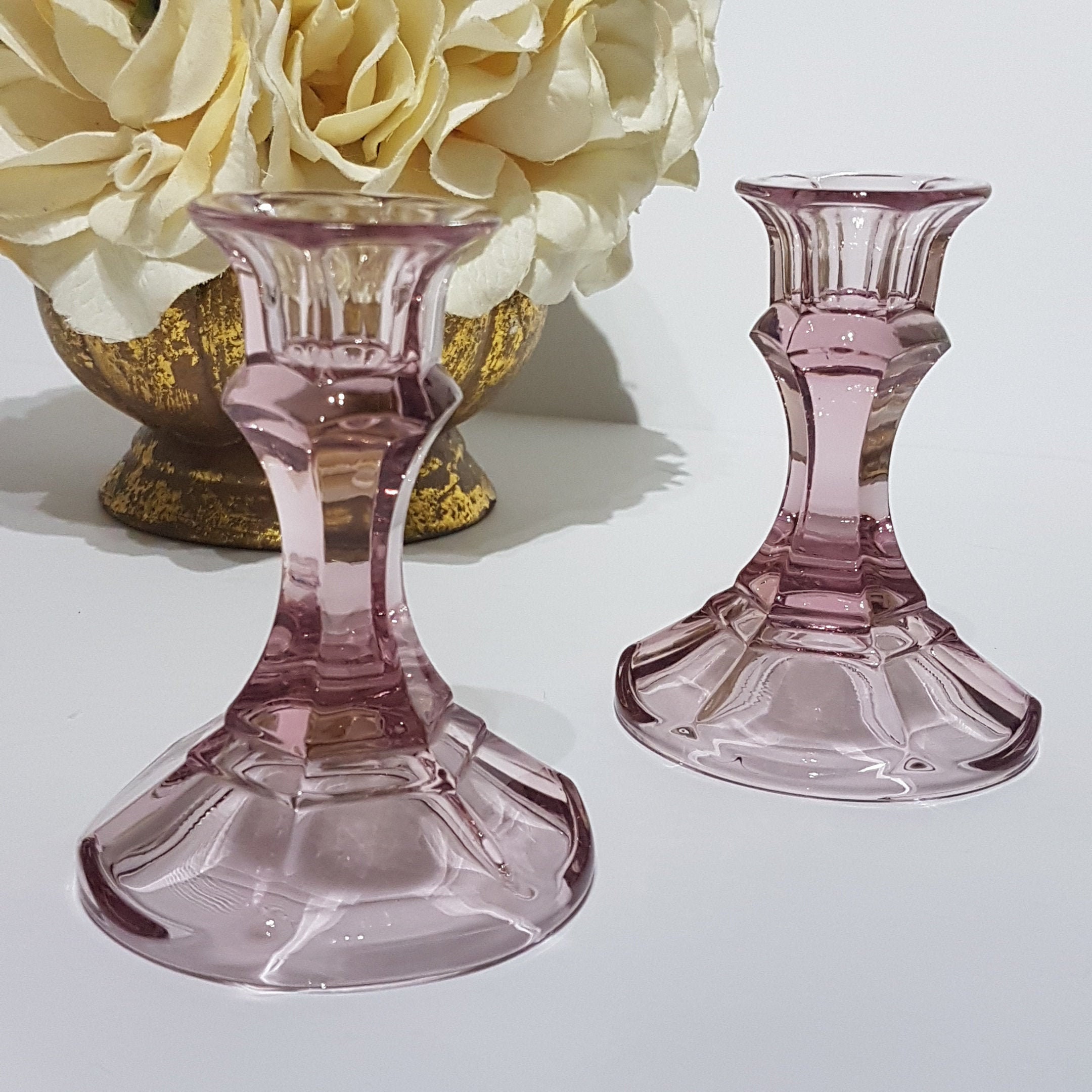 Pair of Vintage Pink Glass Candlestick Holders, Pink Glass Tapered