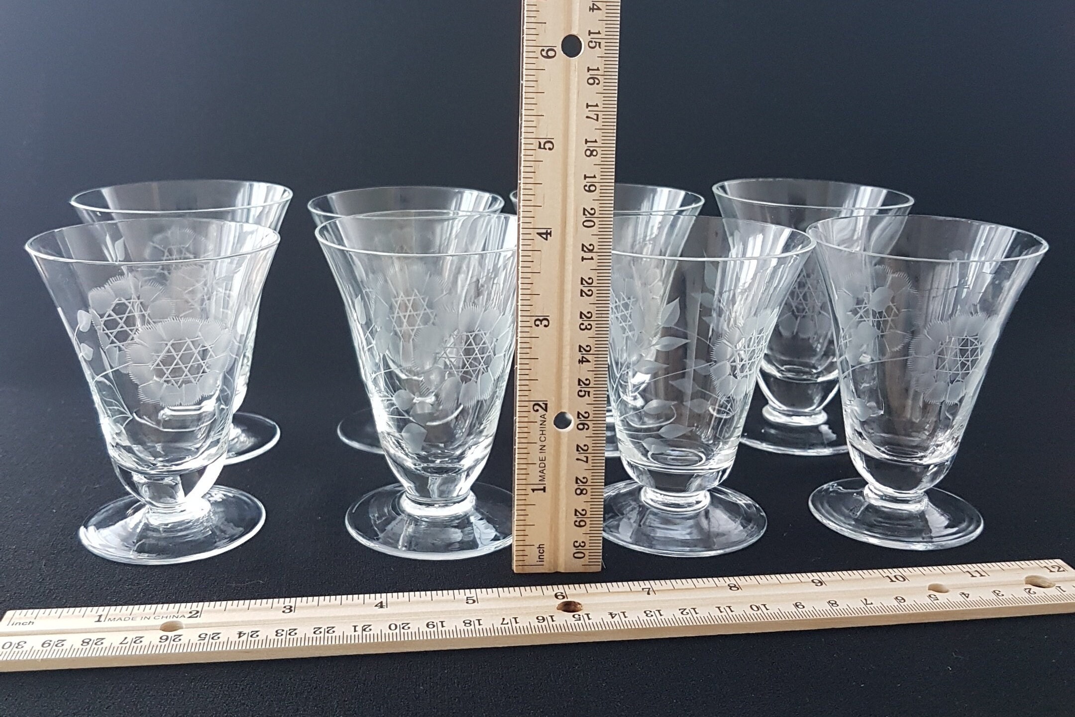 Hughes Cornflower Crystal Juice Glasses, Optic, Etched 12 Petal, Set of 4