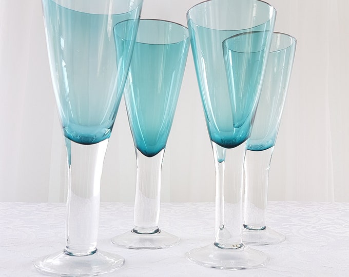 Vintage Turquoise Blue Wine Glasses with Thick Clear Stem, Set of 4