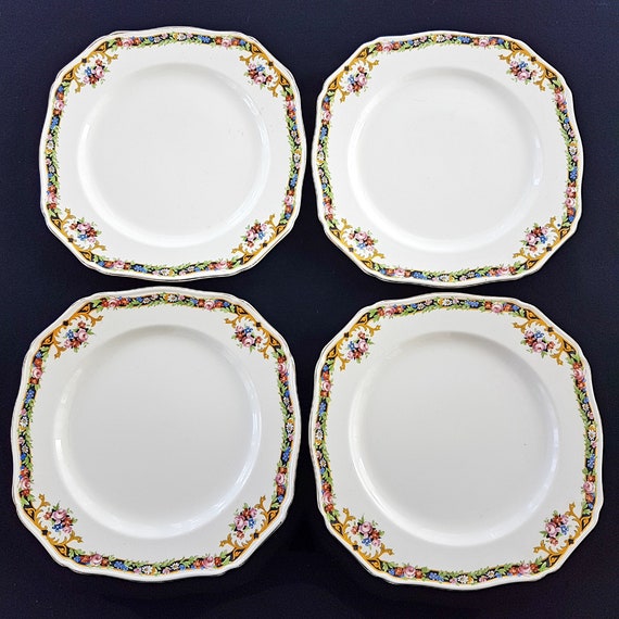 Vintage Alfred Meakin Floral Plates, English China Set of 4, Gold Edge