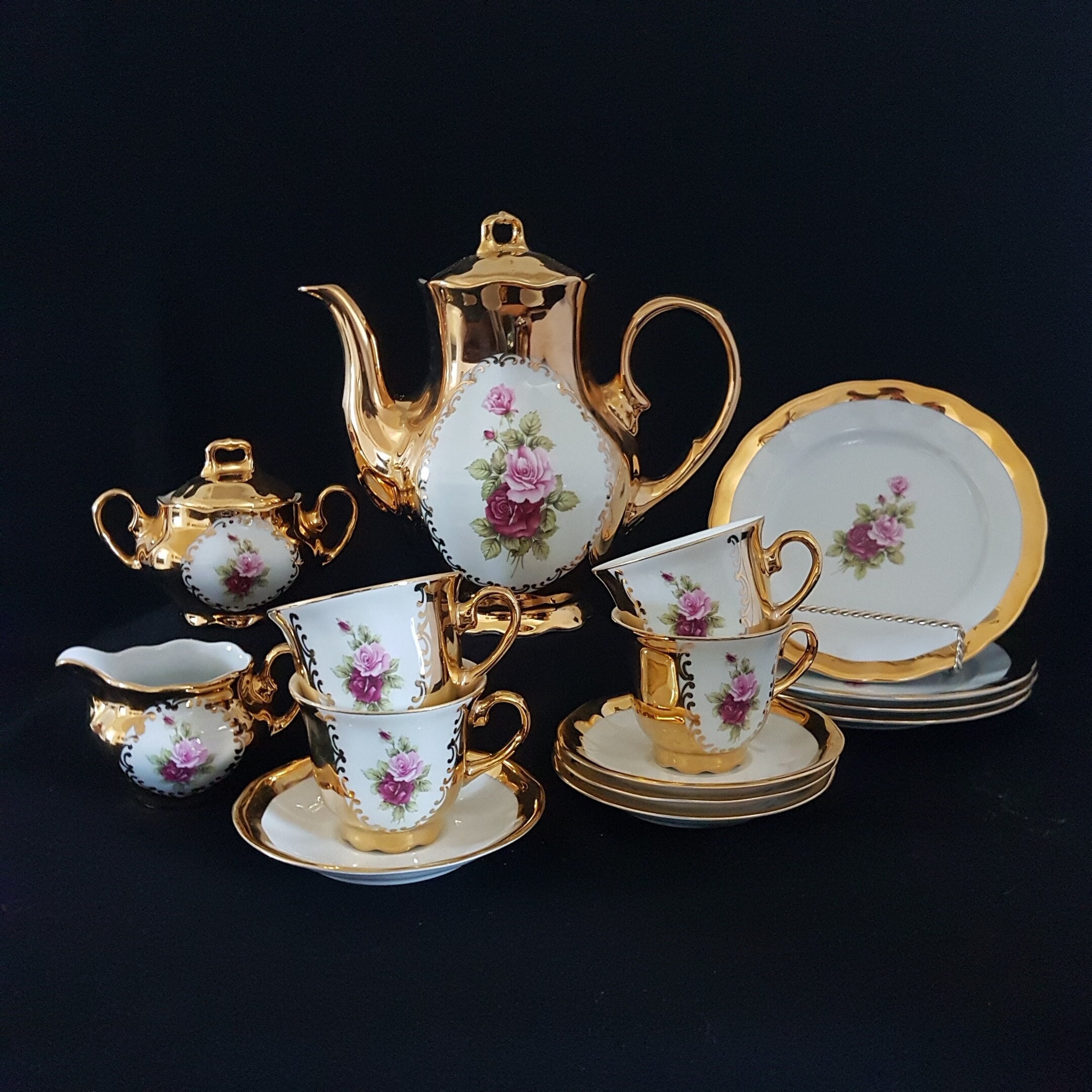 Vintage Tea Set, Bavaria Germany Handarbeit 24 Karat Gold, 17 pcs, Tea