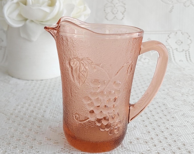 KIG Pink Glass Creamer Grape Vine Pattern Pressed Glass 12oz Small Milk Jug