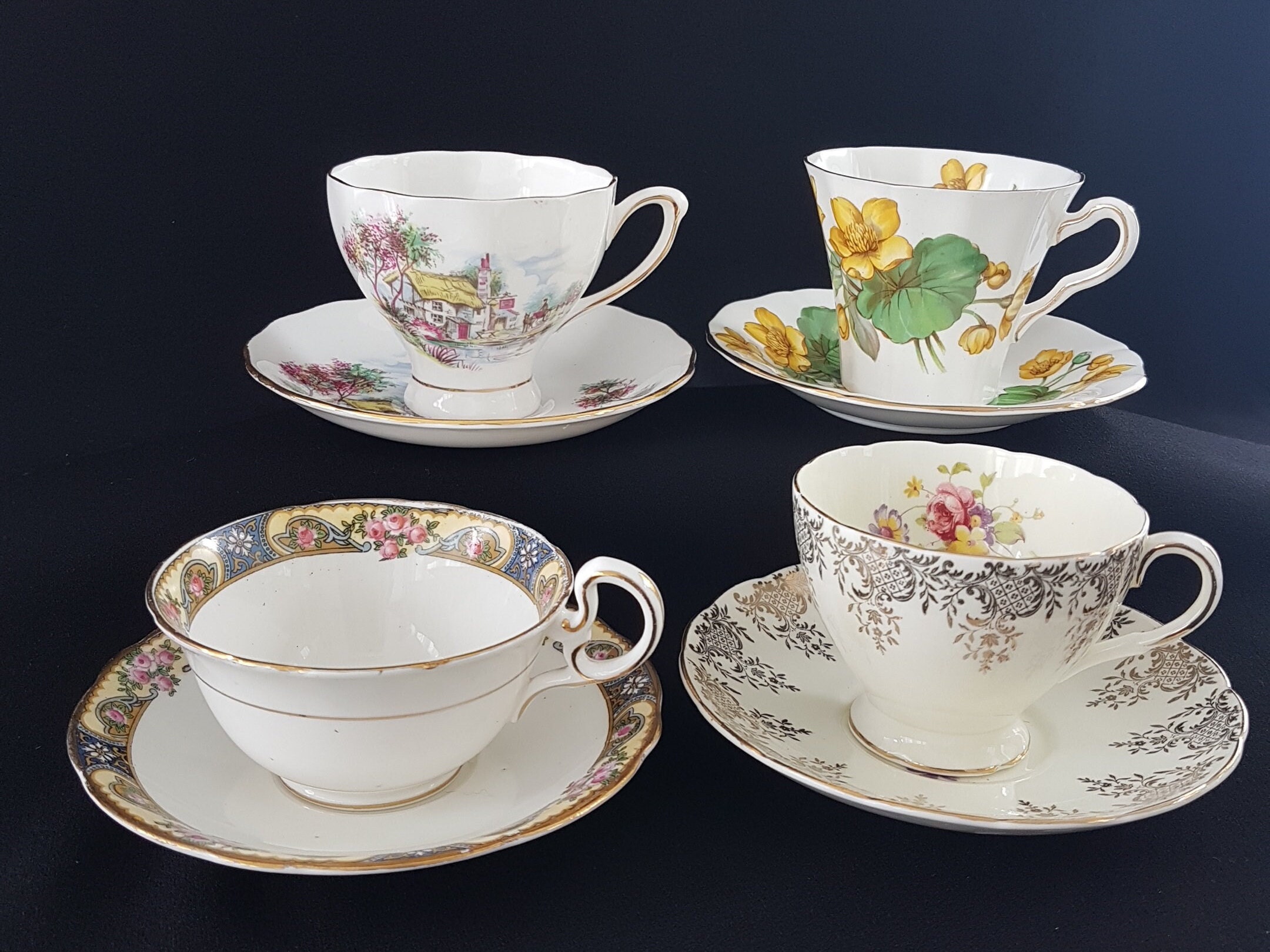 LOT of 4 Mismatched Tea Cups and Saucers, Bulk Vintage English Bone