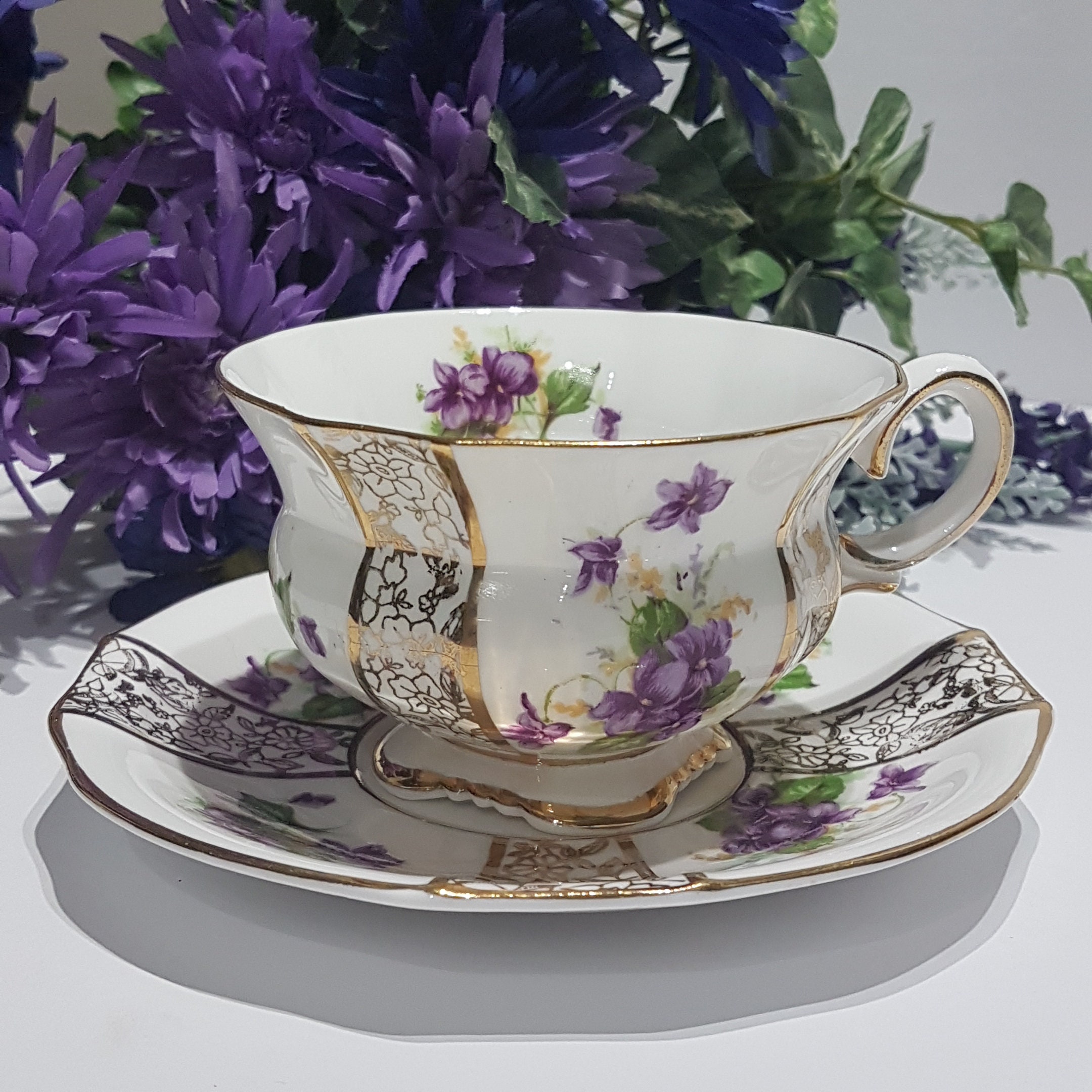 Collingwoods Bone China Tea Cup & Saucer Set, Purple Violets, Square