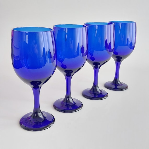 Cobalt Blue Wine Glasses Set of 4 – Vintage Hand Blown Goblets Sapphire Stemware
