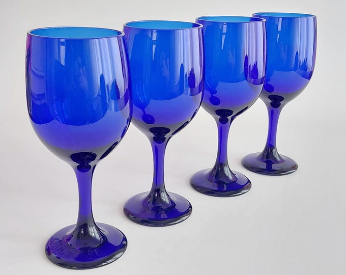 Cobalt Blue Wine Glasses Set of 4 – Vintage Hand Blown Goblets Sapphire Stemware