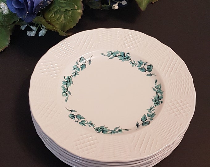 Dessert Plates, PROVIDENCE, Marlborough Old English Ironstone by Simpons (Potters), Set of 6, Blue Flowers Band, Embossed Basket Weave Rim