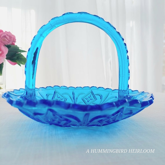 Vintage Turquoise Blue Pressed Glass Basket: Scalloped Edge Candy Dish
