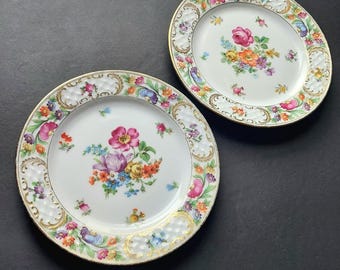Vintage Schumann Bavaria Empress Dresden Flowers Salad Plates, Floral Bouquet China, Germany