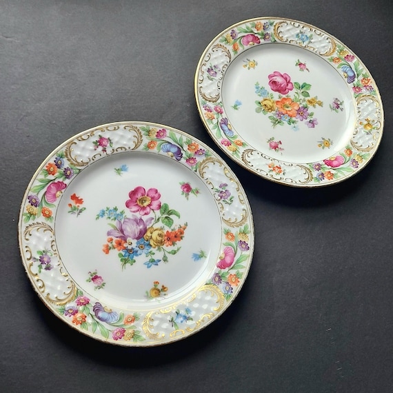 Vintage Schumann Bavaria Empress Dresden Flowers Salad Plates, Floral Bouquet China, Germany