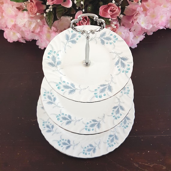 Aynsley Bone China 3-Tier Cake Stand: Blue Floral Vintage Dessert Tower
