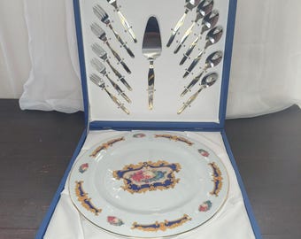 Vintage Porcelain Cake Set – Floral Platter with Stainless Steel Forks, Spoons & Server