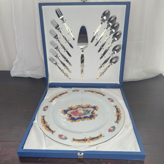 Vintage Porcelain Cake Set – Floral Platter with Stainless Steel Forks, Spoons & Server