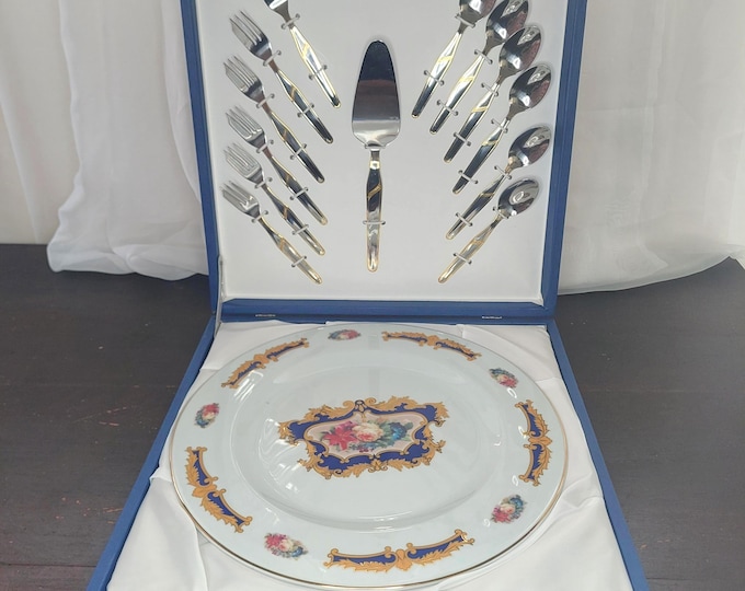 Vintage Porcelain Cake Set – Floral Platter with Stainless Steel Forks, Spoons & Server