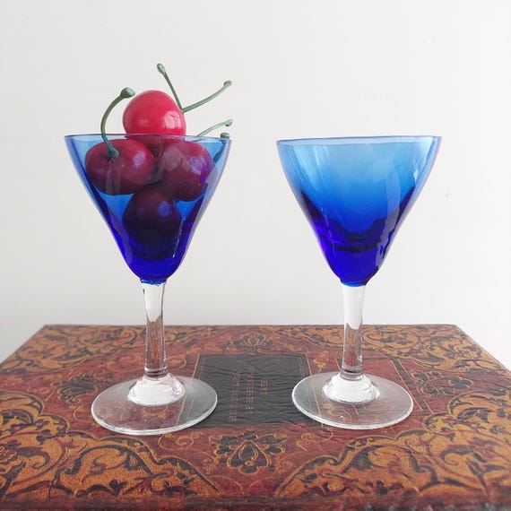 Cobalt Blue Cordial Glasses Set of 2 Vintage Hand Blown Stemware