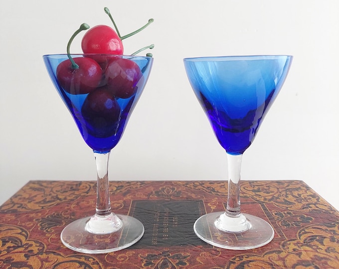 Cobalt Blue Cordial Glasses Set of 2 Vintage Hand Blown Stemware