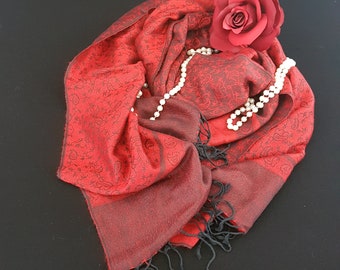 Pashmina Shawl, Vintage Pashmina Scarf, Red Evening Shawl, Pashmina Wrap, Gift for Her