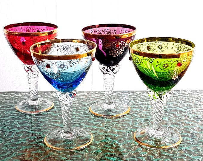 4pc Bohemian Glass Unique Wine Glass Set in Pink Blue Green Purple with Red Jewels