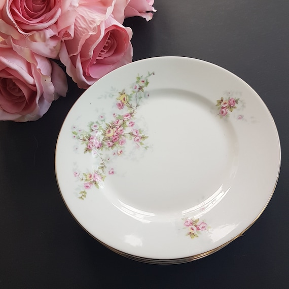 Vintage Victoria China Dessert Plates: Pink & Yellow Roses, Set of 6