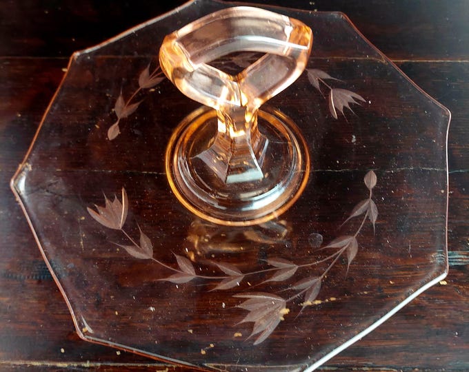 Pink Depression Glass Octagon Serving Plate Center Handle Etched Floral Design