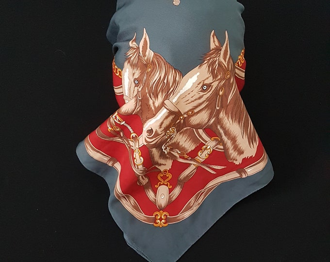 Square Head Scarf, Neckerchief, FLOR Italy, Vintage Equestrian, Horse Print, Womens Fashion Accessories