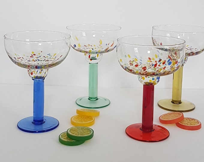 Set of 4 Margarita Cocktail Glasses, 16oz, Confetti Glass, Hand Blown Glass