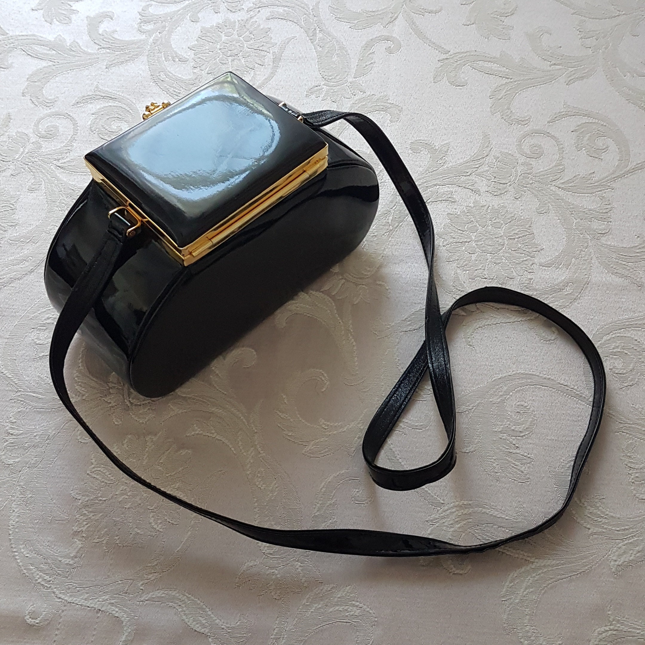 Black Patent Leather Box Purse, Vintage Brumelle Milano Italy, Opens on
