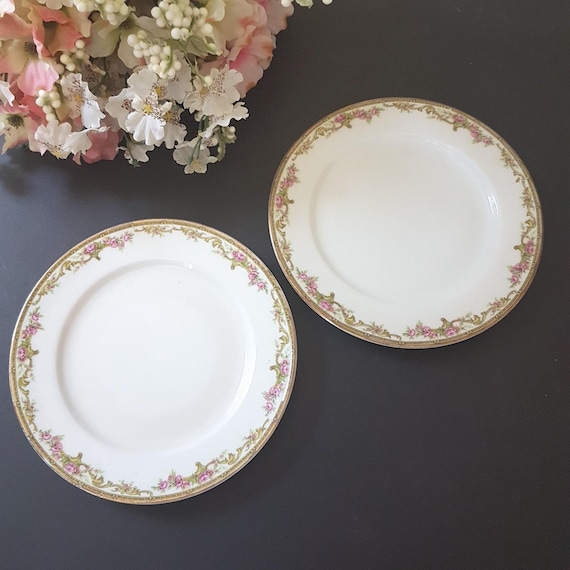 Antique 1907 Limoges Porcelain Salad Plates Set of 2 Pink Cabbage Roses Gold Scrolls