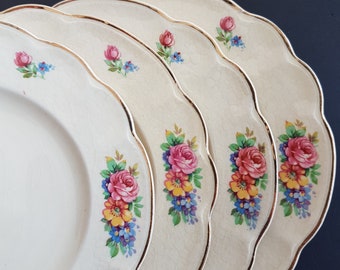 Antique Dessert Plates, J&G Meakin, Sunshine SOL391413, Set of 4 Vintage Side Bread Plates, Pink Roses, Blue Flowers, Made in England, 1912+