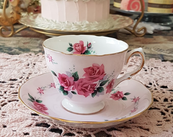 Tea Cup and Saucer, Vintage Colclough Bone China, Pink Tea Rose on Pink, Ridgway Potteries England, 1950s